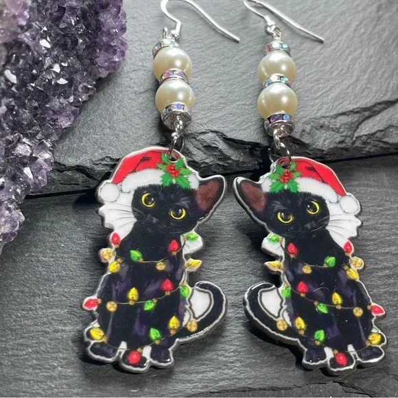 SOLD Holiday Festive Black Cat Christmas And Santa Clause Hat Earrings - Picture 8 of 8